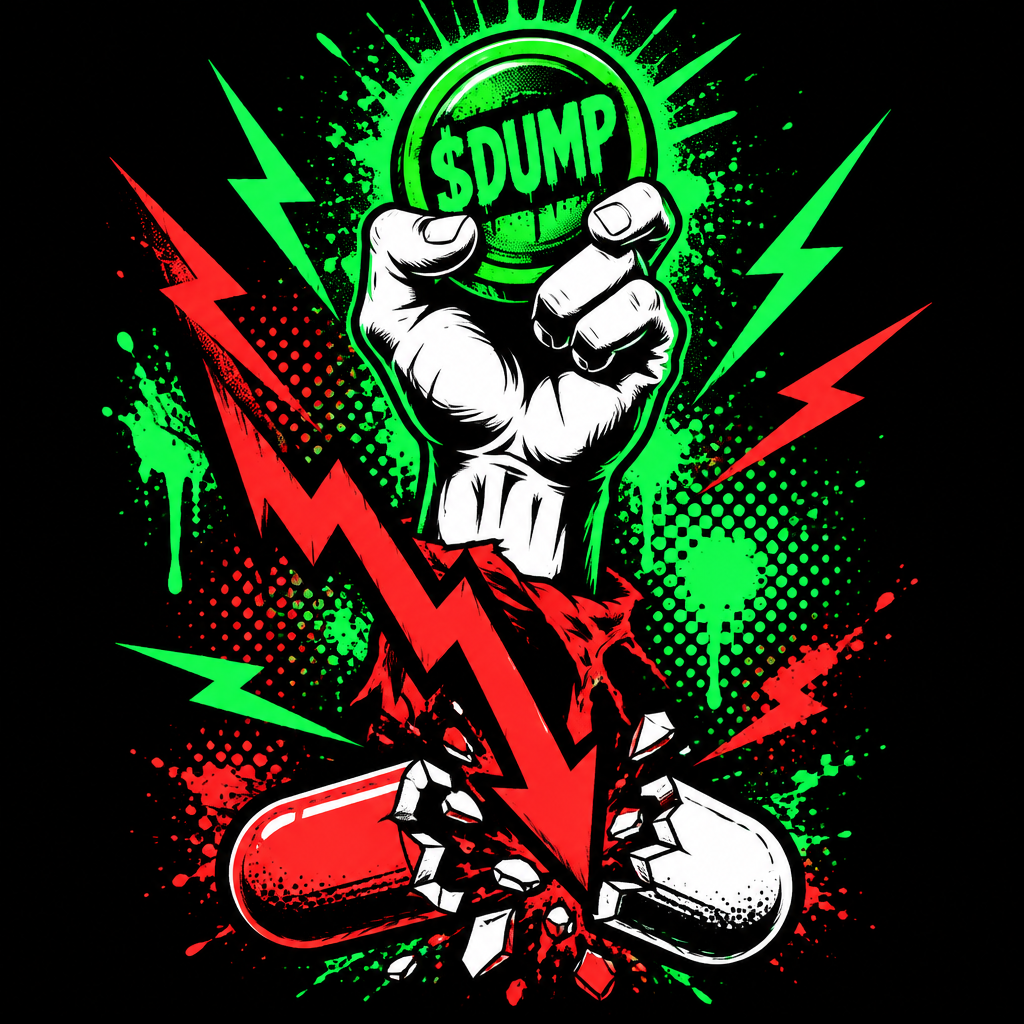 DumpFun capsule coin with green ring and red down arrows